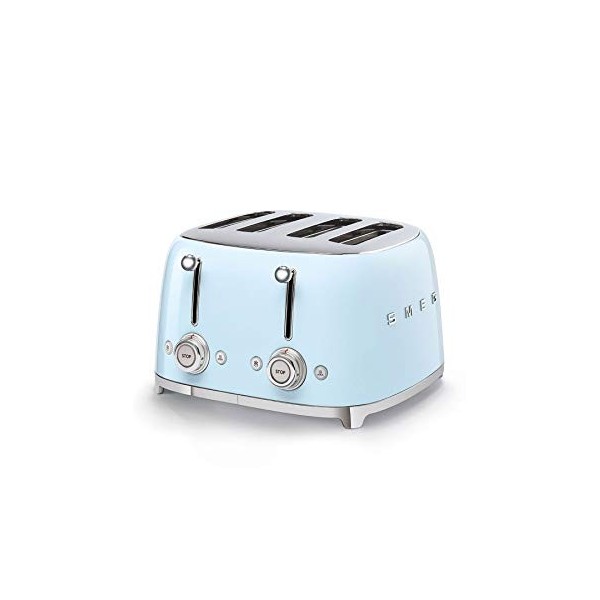 Smeg, Grille-pain 4 Tranches TSF03BLEU, 4 Fentes 36 mm, 6 Niveaux de Brunissage, Fonction Chauffage, Décongélation et Bagel, 