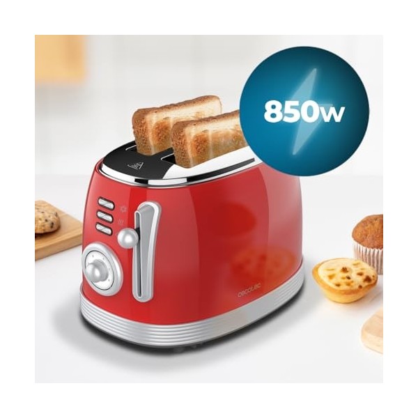 Cecotec Grille-Pain Vertical 2 Fentes Courtes Toast&Taste 800 Vintage Light Red. 850 W, 2 Tranches de Pain, Fentes Extra-Larg