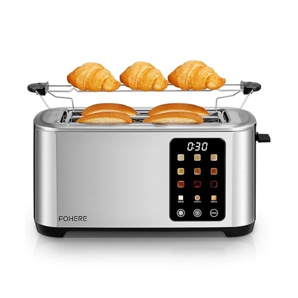Grille Pain 4 Tranches, Longue Fente Toaster avec écran Tactile, 9 Niveaux de Dorage, 3 Types de Pain, Inox Grille Pain, Tiro