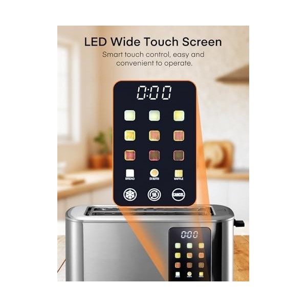 Grille Pain 4 Tranches, Longue Fente Toaster avec écran Tactile, 9 Niveaux de Dorage, 3 Types de Pain, Inox Grille Pain, Tiro