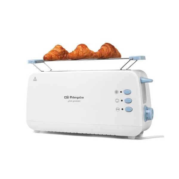 Orbegozo TO 4012 - Grille-pain à fente longue, réchauffe-viennoiseries, 7 niveaux de grillage, fonction de décongélation et d