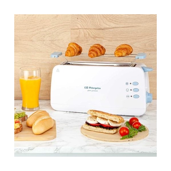 Orbegozo TO 4012 - Grille-pain à fente longue, réchauffe-viennoiseries, 7 niveaux de grillage, fonction de décongélation et d