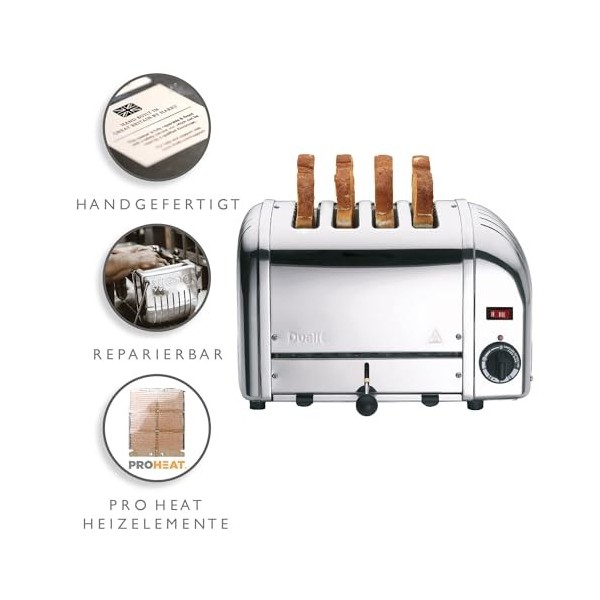 Dualit Toaster Grille Pain 4 Tranches Classic Vario - Grille Pain Inox Fabriqué au Royaume-Uni - Éléments ProHeat® Exclusifs 