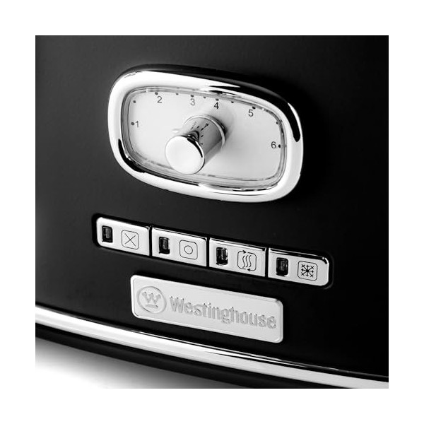 Westinghouse. Grille-pain rétro WKTTB809BK de couleur noire, capacité pour 4 tranches, 5 configurations, bronzage réglable, g