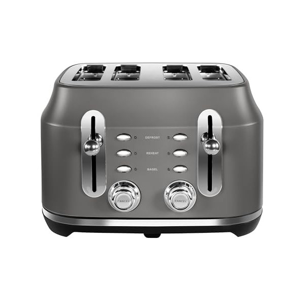 Rangemaster RMCL4S201GY Grille-pain 4 tranches avec fonctions de décongélation, annulation et réchauffage, plateau de miettes