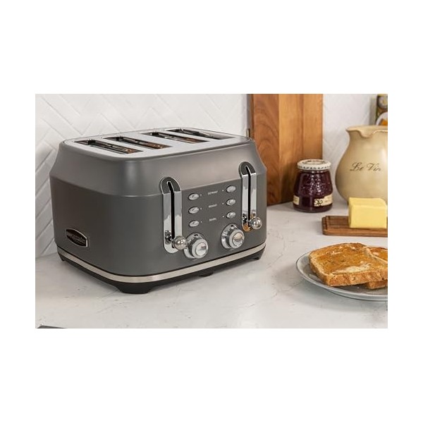 Rangemaster RMCL4S201GY Grille-pain 4 tranches avec fonctions de décongélation, annulation et réchauffage, plateau de miettes