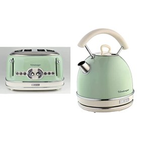 Ariete 156 Grille-pain design Vintage 4 tranches, sans pince, 1600 watts, 6 niveaux de grillage, Acier inoxydable, Vert paste