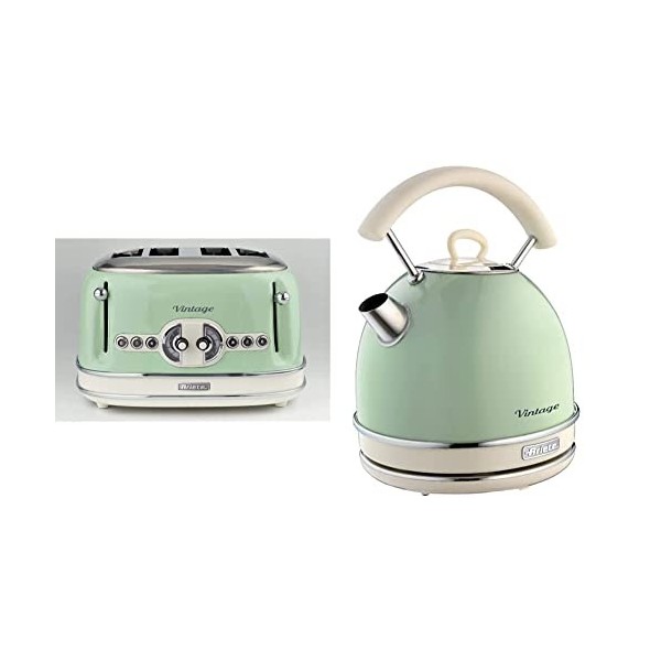 Ariete 156 Grille-pain design Vintage 4 tranches, sans pince, 1600 watts, 6 niveaux de grillage, Acier inoxydable, Vert paste