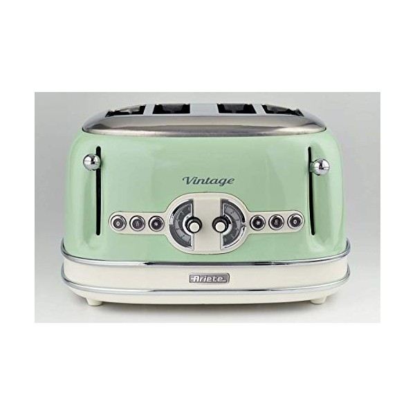 Ariete 156 Grille-pain design Vintage 4 tranches, sans pince, 1600 watts, 6 niveaux de grillage, Acier inoxydable, Vert paste
