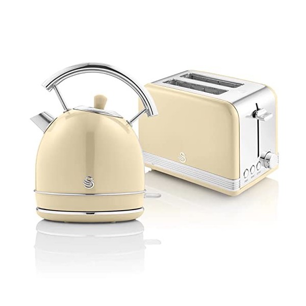 Swan Retro Ensemble Petit-Déjeuner, Bouilloire 1,8L avec Élément Chauffant en Acier Inox, Grille-pain à Fente Large 2 Tranche
