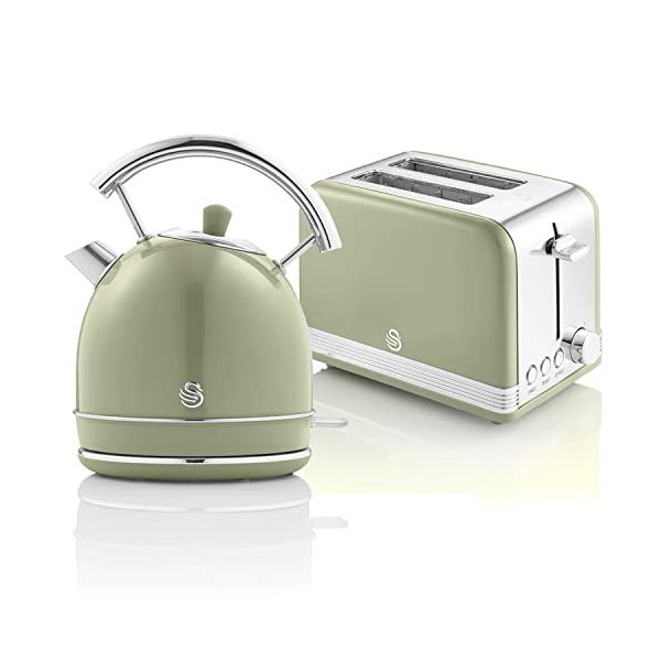 Swan Retro Ensemble Petit-Déjeuner, Bouilloire 1,8L avec Élément Chauffant en Acier Inox, Grille-pain à Fente Large 2 Tranche