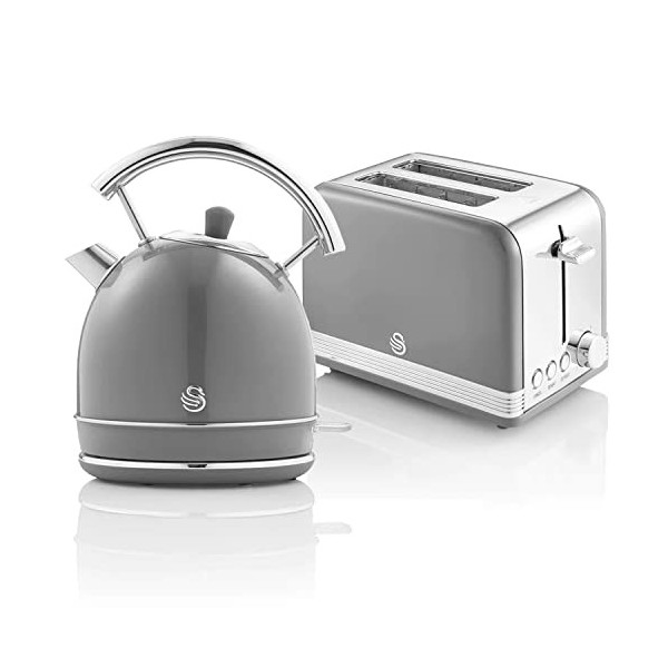 Swan Retro Ensemble Petit-Déjeuner, Bouilloire 1,8L avec Élément Chauffant en Acier INOX, Grille-Pain à Fente Large 2 Tranche