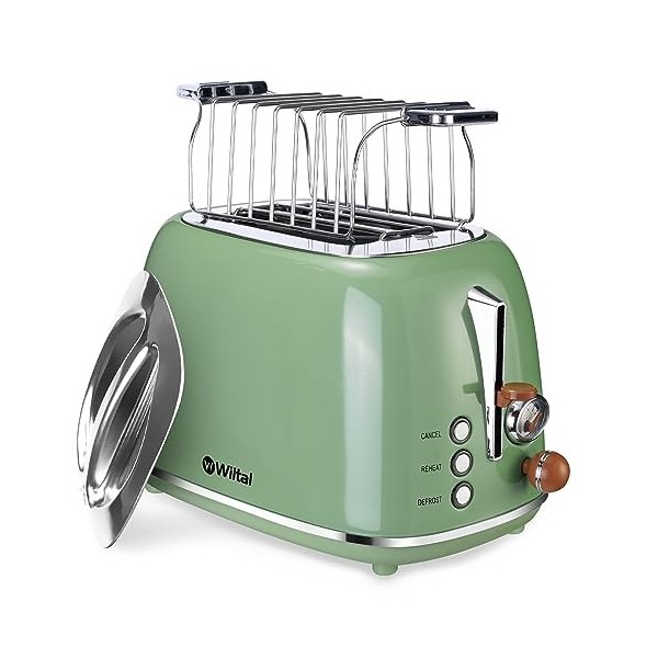 Wiltal Grille-pain rétro 2 tranches, 6 niveaux de brunissage réglables, avec support à viennoiseries de haute qualité, foncti