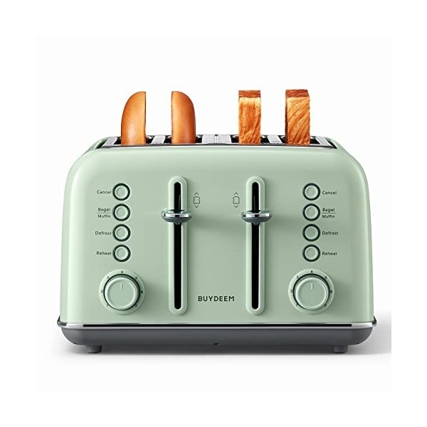 BUYDEEM Grille-pain rétro à 4 tranches, fentes extra larges, en acier inoxydable avec levier de levage, fonction bagel et muf