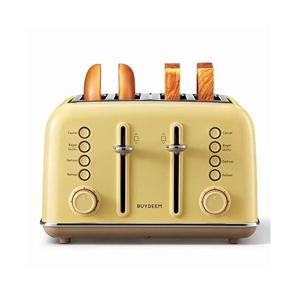 BUYDEEM Grille-pain rétro 4 tranches, fentes extra larges, en acier inoxydable avec levier de levage, fonction bagel et muffi