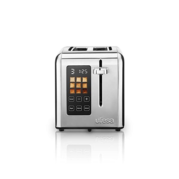 Ufesa Quartet Delux, Grille-Pain Acier Inox, 2 Écrans Digitaux LCD, 1500W, 4 Fentes Extra Large, 7 Niveaux de Grillage, Décon