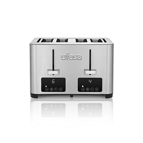 Ufesa Quartet Delux, Grille-Pain Acier Inox, 2 Écrans Digitaux LCD, 1500W, 4 Fentes Extra Large, 7 Niveaux de Grillage, Décon