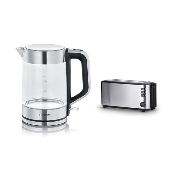 SEVERIN Bouilloire en Verre 1,7L, 2 200W & Grille-pain automatique 1 400 W, Toaster compact 2 fentes jusquà 4 tranches, Gril