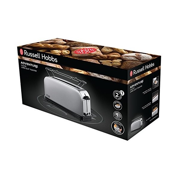 Russell Hobbs Grille Pain [Fente longue 2 Toasts/ 1 Tranche baguette] Adventure Acier Inox Fente large, 6 Niveaux de Bruniss