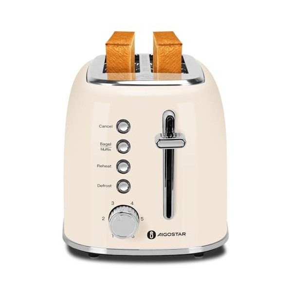 Aigostar Grille Pain, 2 Fentes Extra-Larges, Vintage Inox Crème, 6 Niveaux de Dorage, Fonction Bagel/Décongélation/Réchauffag