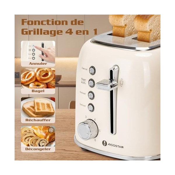 Aigostar Grille Pain, 2 Fentes Extra-Larges, Vintage Inox Crème, 6 Niveaux de Dorage, Fonction Bagel/Décongélation/Réchauffag