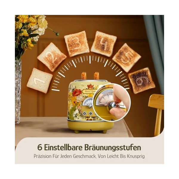 Hazel Quinn Grille Pain Vintage, Double Fente de 38 mm de Large, Toaster avec 3 Fonctions et 6 Niveaux de Cuisson, Plateau Ra