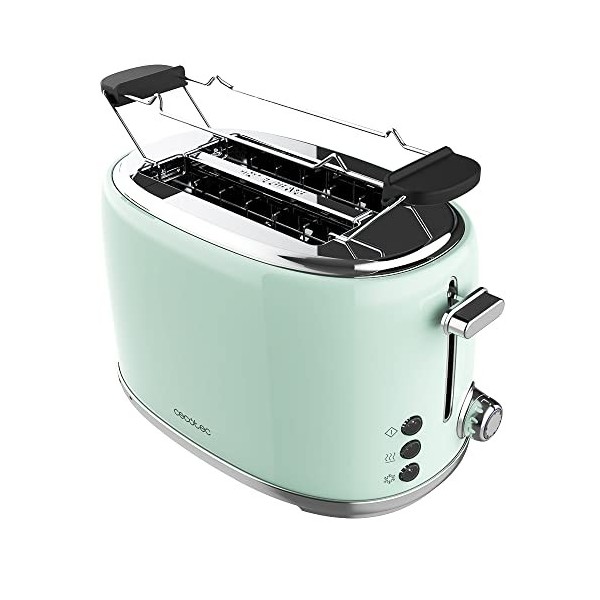 Cecotec Toast&Taste 1000 Retro Double Green 2-Slice Toaster. 980 W, 2 Wide and Short Slots of 3.8 cm, Stainless Steel, Upper 