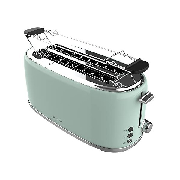 Cecotec Toast&Taste 1000 Retro Double Green 2-Slice Toaster. 980 W, 2 Wide and Short Slots of 3.8 cm, Stainless Steel, Upper 