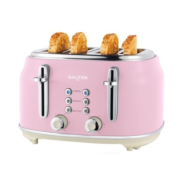 Salter Grille-Pain Rétro 4 Tranches – Fentes Larges, 6 Niveaux de Brunissage, Fonctions Décongélation, Réchauffage, Annulatio