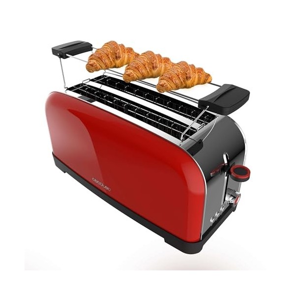 Cecotec Grille-pain Vertical 2 Fentes Longues Toastin Time 1500 Rouge. 1500 W, 4 Tranches de Pain, Fente Large de 3,8 cm, Su