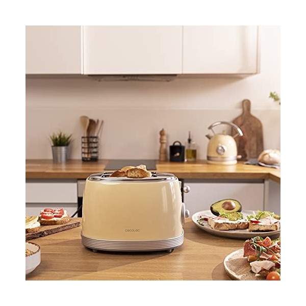 Cecotec Toast & Taste 800 Vintage Light Yellow. 850 W, double fente courte extra large de 3,8 cm, 2 toasts, finitions en acie