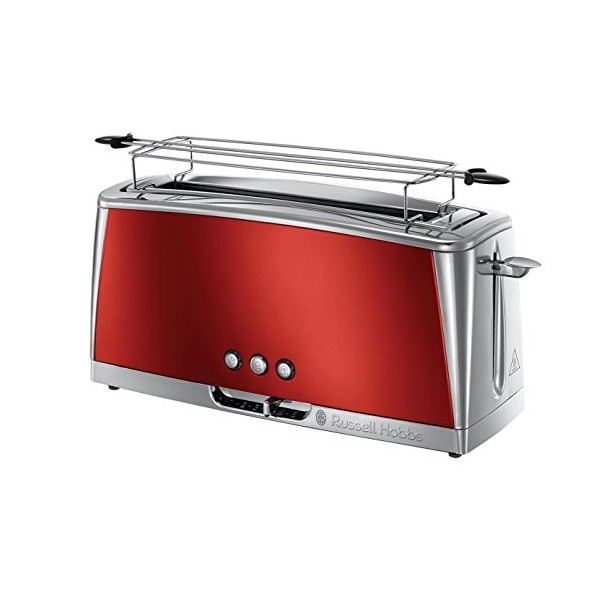 Russell Hobbs Grille Pain [Fente longue 2 Toasts/ 1 Tranche baguette] Luna Rouge Inox Fente large, 6 Niveaux de Brunissage, 