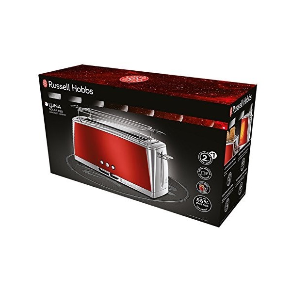Russell Hobbs Grille Pain [Fente longue 2 Toasts/ 1 Tranche baguette] Luna Rouge Inox Fente large, 6 Niveaux de Brunissage, 