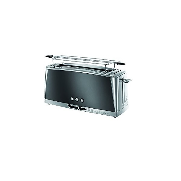 Russell Hobbs Grille Pain [Fente longue 2 Toasts/ 1 Tranche baguette] Luna Gris Inox Fente large, 6 Niveaux de Brunissage, S