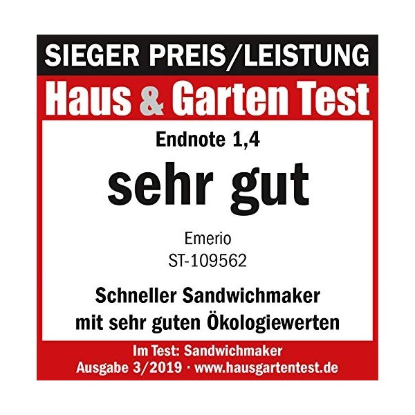 Emerio XXL Haus & Garten Test 03/2019 Appareil à croque-monsieur, pour toutes les tailles de sandwichs, sans BPA, grande form