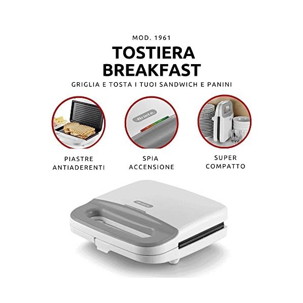 Ariete Grille-Pain Électrique 1961 Breakfast, Plaque à Sandwich, Plaques à Griller Fixes avec Revêtement Antiadhésif, Rangeme