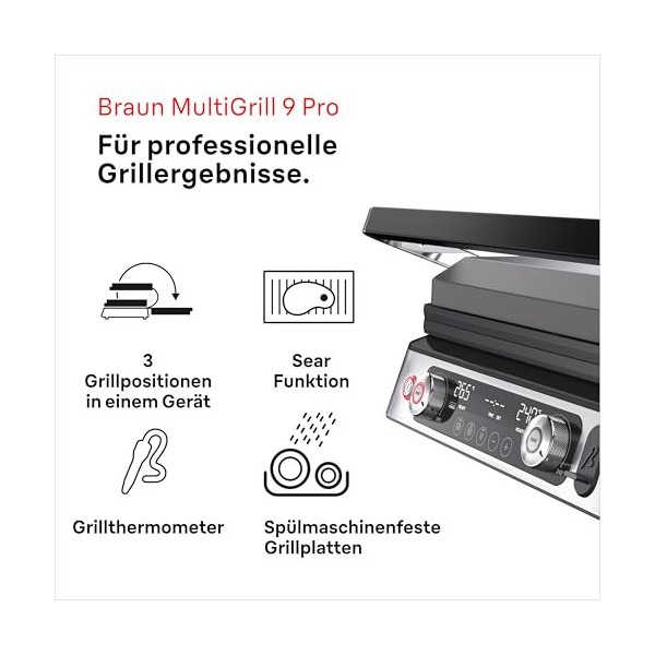 Braun MultiGrill 9 CG 9167, gril de contact avec plaques grillades, plates et gaufrées et sonde de température, positions de 