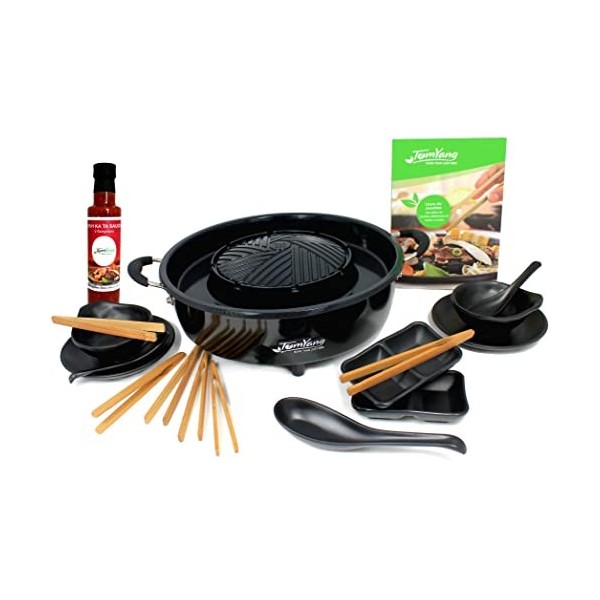 TomYang Hot Pot Professional - avec Livre de Cuisine, Set de Vaisselle de 10 pièces et Sauce Barbecue thaïe. Revêtement antia