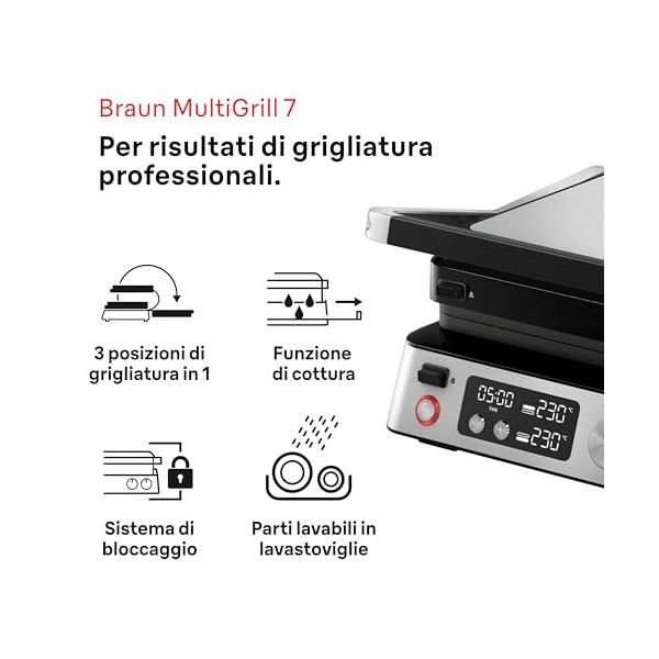 Braun MultiGrill 7 CG 7040, Appareil Panini Électrique avec Contrôle Électronique, 2 Thermostats Indépendants, 3 Positions de