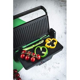 Jata Gril de table électrique, 1000 W, métal, noir, 27 x 14 cm, thermostat, grande ouverture à 180 degrés, surface de gril in