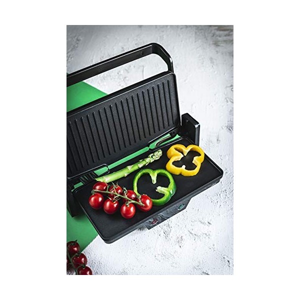 Jata Gril de table électrique, 1000 W, métal, noir, 27 x 14 cm, thermostat, grande ouverture à 180 degrés, surface de gril in