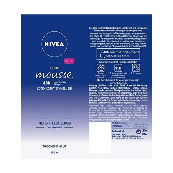 NIVEA Lot de 3 flacons de mousse à lhuile damande pour le corps - Pour peaux sèches - 3 x 100 ml