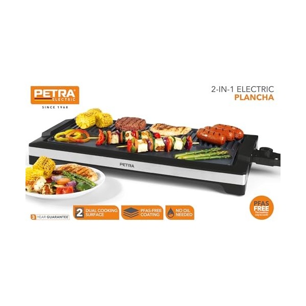 Petra Grill Electrique 2 en 1 - Double Plaque de Cuisson Antiadhésive, Plancha Flat Grill & Griddle, Poignée Cool Touch, Plat