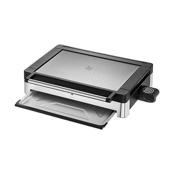 WMF Lono Barbecue électrique de table, en acier inoxydable mat, avec couvercle en verre, 2200 W, plaque de cuisson revêtue