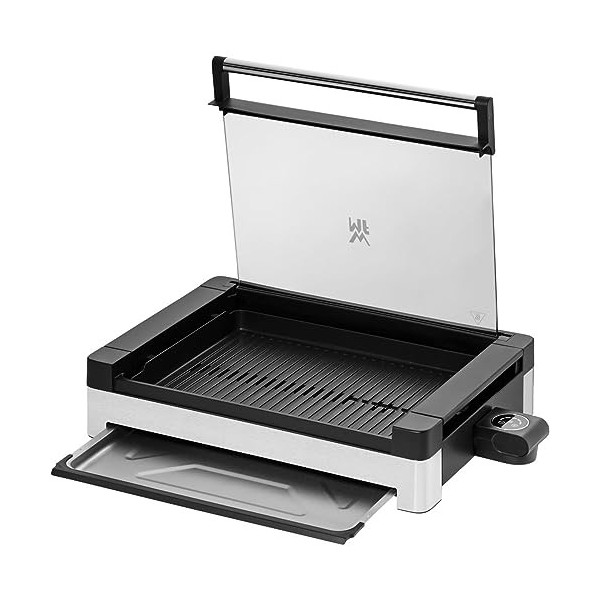 WMF Lono Barbecue électrique de table, en acier inoxydable mat, avec couvercle en verre, 2200 W, plaque de cuisson revêtue