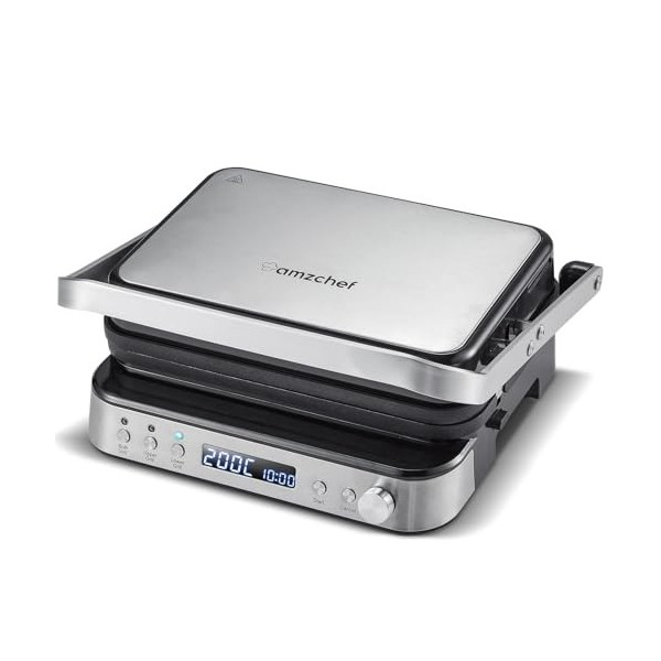 AMZCHEF Gril de contact multifonctionnel 4 en 1, Grille, Gaufrier & SandwichMaker avec 4 plaques amovibles antiadhésives, tem