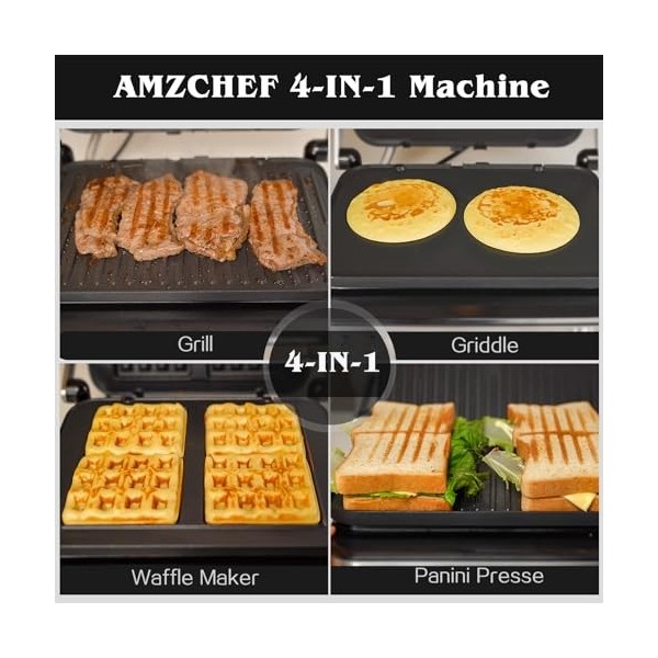 AMZCHEF Gril de contact multifonctionnel 4 en 1, Grille, Gaufrier & SandwichMaker avec 4 plaques amovibles antiadhésives, tem