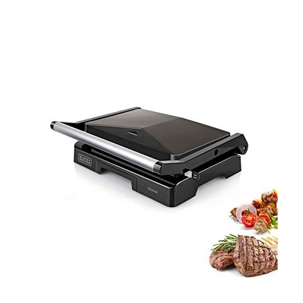 BLACK+DECKER BXGR1000E - Grill électrique 1000W, Plaques de 23x14,5cm, Poignée toucher froid avec plaque supérieure réglage a