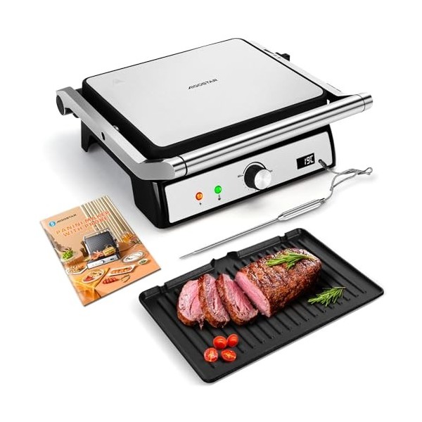 Aigostar Grill Panini, Grille-pain à Sandwich Avec Sonde Alimentaire, Plaques Antiadhésives Amovibles, Grill électrique, 2000