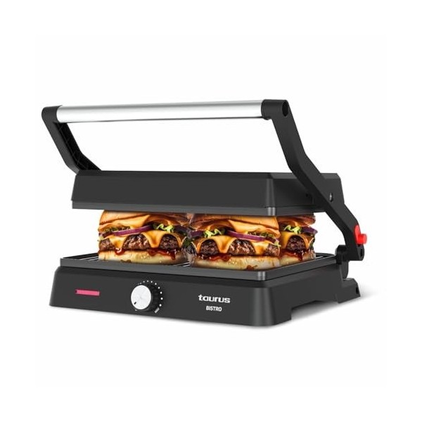 Taurus - Grill Bistro 2600W | 2-en-1: Grill et Plancha | Plaques 29x23 cm | Ouverture 180° | Revêtement Antiadhésif sans PFOA